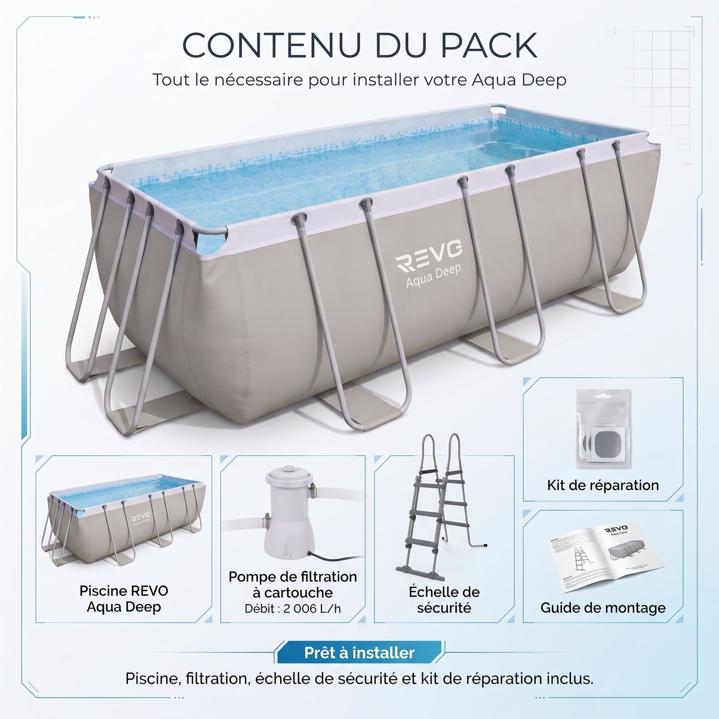 Piscine Hors-Sol Rectangulaire REVO Aqua Deep – 400 × 207 × 122 cm – 8 870 L – Filtration 2 006 L/h
