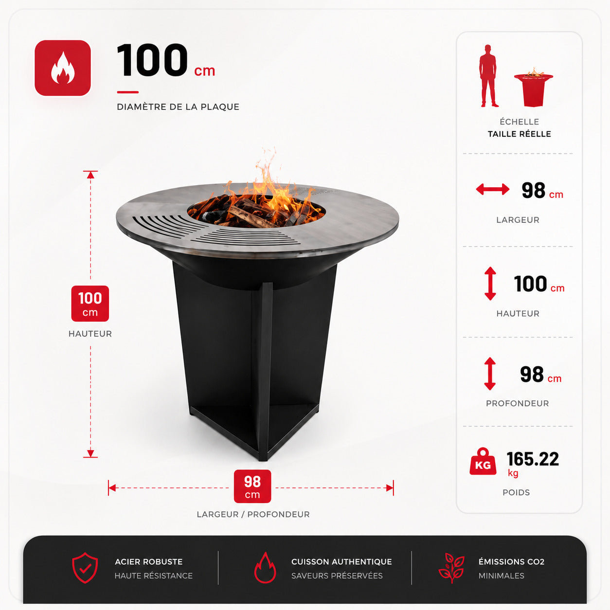 Brasero Barbecue REVO Bilbao – Acier 100 cm – Plaque circulaire – Rangement à bois intégré