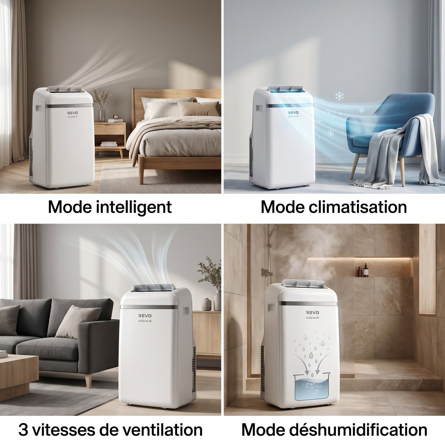 Climatiseur Mobile REVO AirSense 10 – 10 000 BTU – Classe A+ – Climatisation, Ventilation & Déshumidification