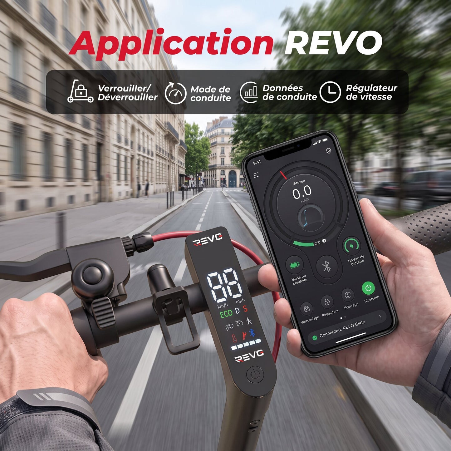 Trottinette Électrique REVO Glide – 500 W – Autonomie 40 km – Batterie 36 V 10 Ah – Pneus 10" – Application Connectée