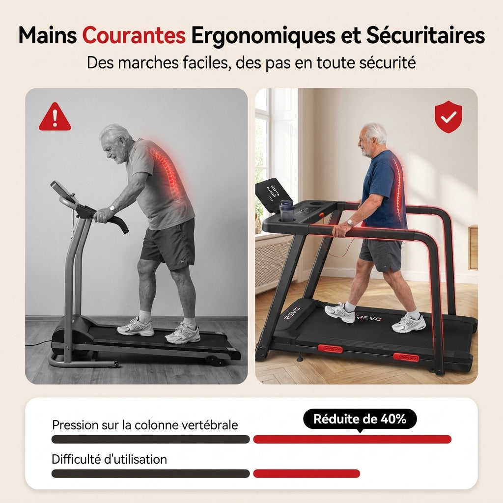 REVO SafeWalk 3 – Tapis de Course Sécurisé 3,0 CV – 0,8 à 8,5 km/h – Mains Courantes & Suivi Cardiaque