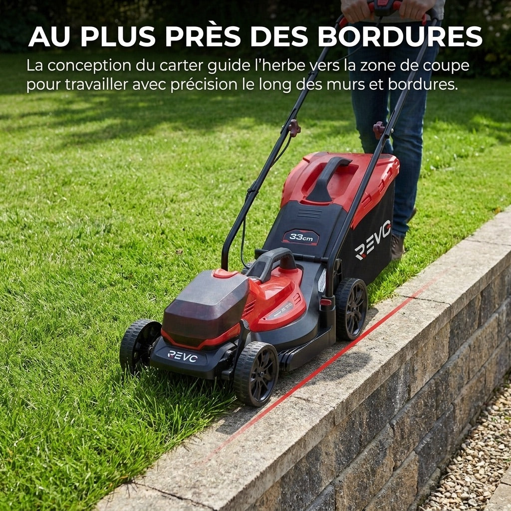 Tondeuse à Gazon sans Fil REVO Verde 33 – 18 V – Coupe 33 cm – 5 Hauteurs 25–65 mm – Bac 35 L – Jusqu’à 300 m²