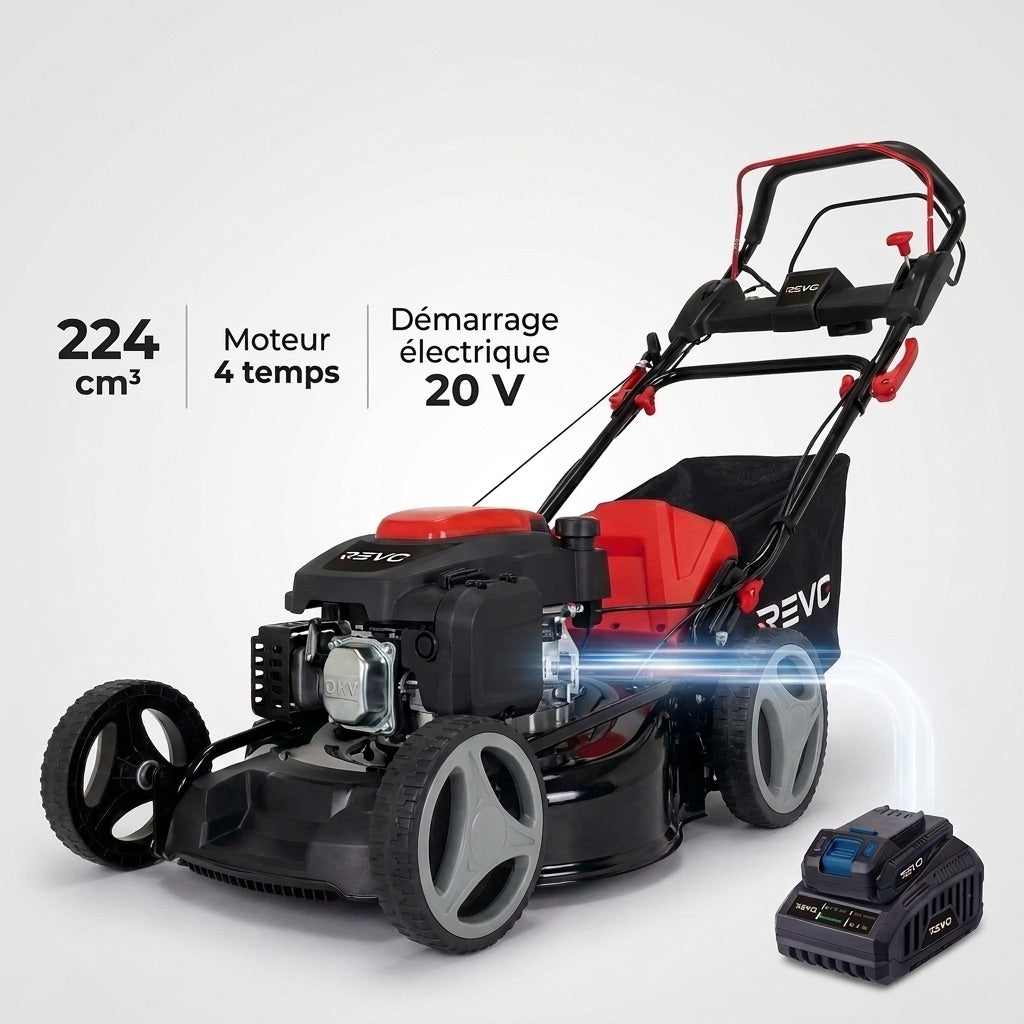 Tondeuse à Gazon Thermique Autotractée REVO Dominus 53 – 224 cm³ / 6 CV – Coupe 53 cm – Démarrage Électrique 20 V – Bac 65 L – Jusqu’à 1 800 m²