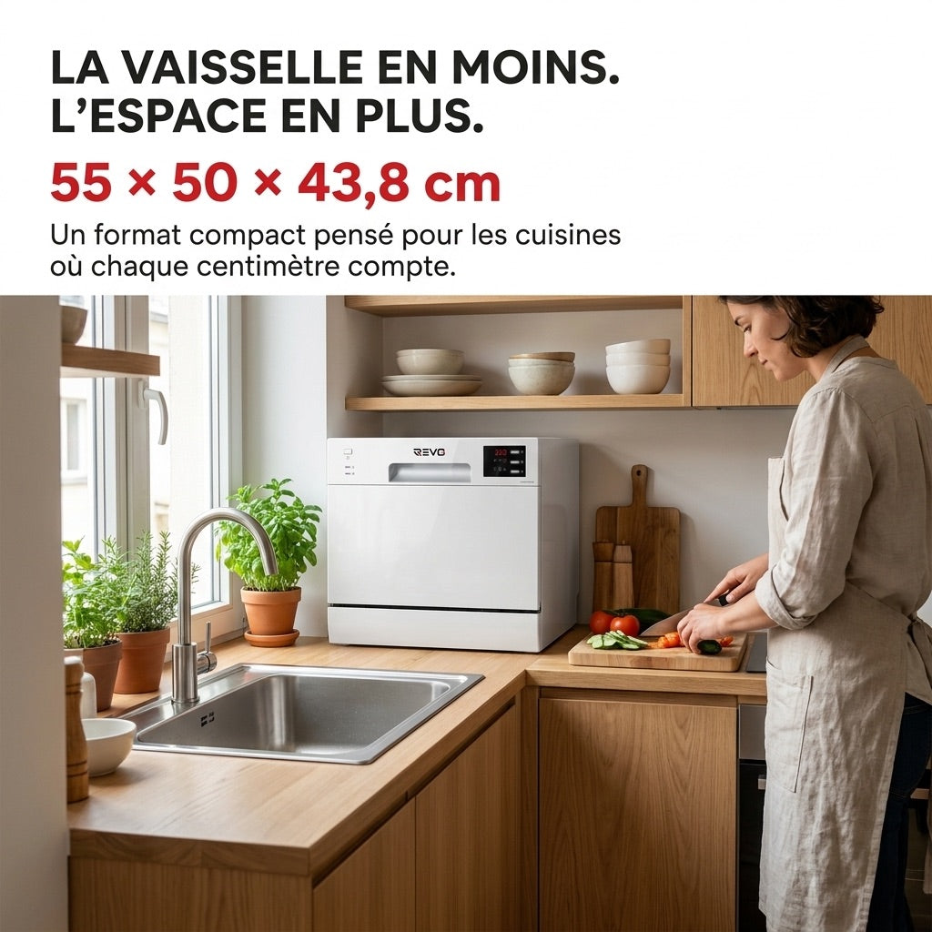Lave-Vaisselle Compact REVO Compacta 6 – 6 Couverts – 6 Programmes – 47 dB – Cycle Rapide 30 min – Blanc
