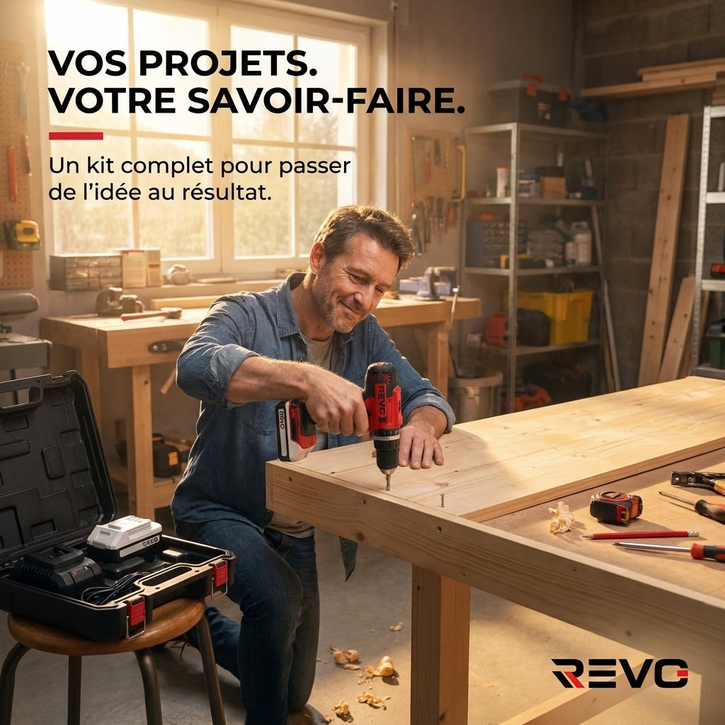 Perceuse Visseuse à Percussion Sans Fil REVO Forge 42 – 18 V – 42 Nm – 2 Batteries 2 Ah – 74 Accessoires – Mandrin 13 mm