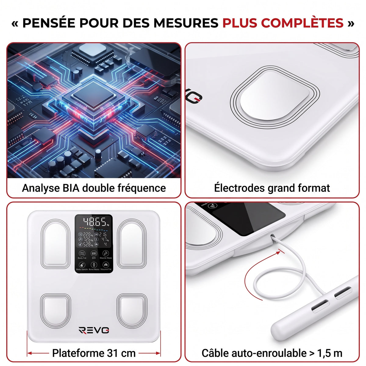 Balance Impédancemètre Connectée REVO Forma 8 – 8 Électrodes, Analyse Corporelle, Bluetooth & Écran LED – 180 kg