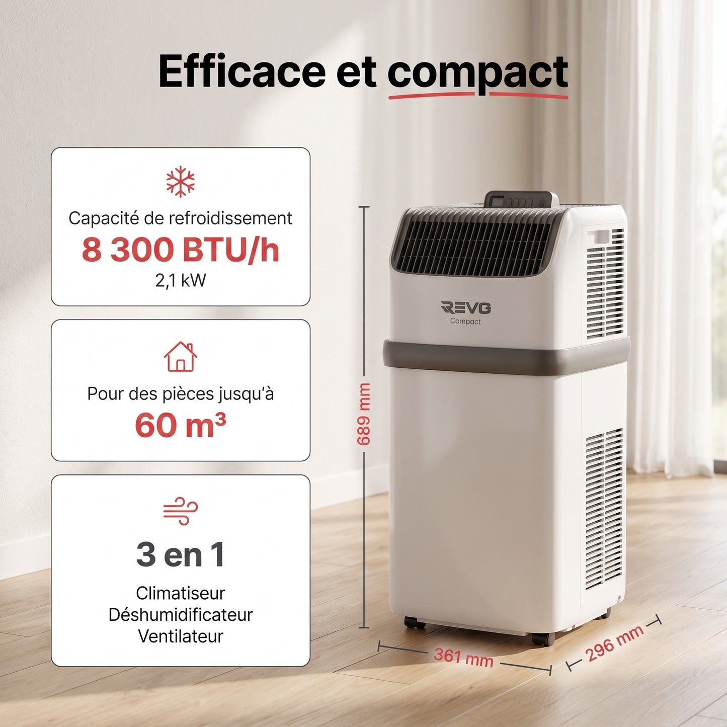 Climatiseur Mobile REVO Compact – 8 300 BTU – 2,1 kW – 3-en-1 – 52 dB – Classe A