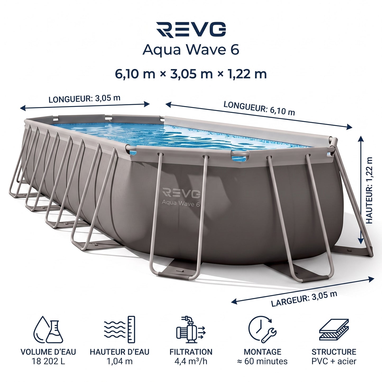 Piscine Hors-Sol Ovale REVO Aqua Wave 6 – 610 × 305 × 122 cm – 18 202 L – Filtration 4 400 L/h – Échelle & Bâche Incluses