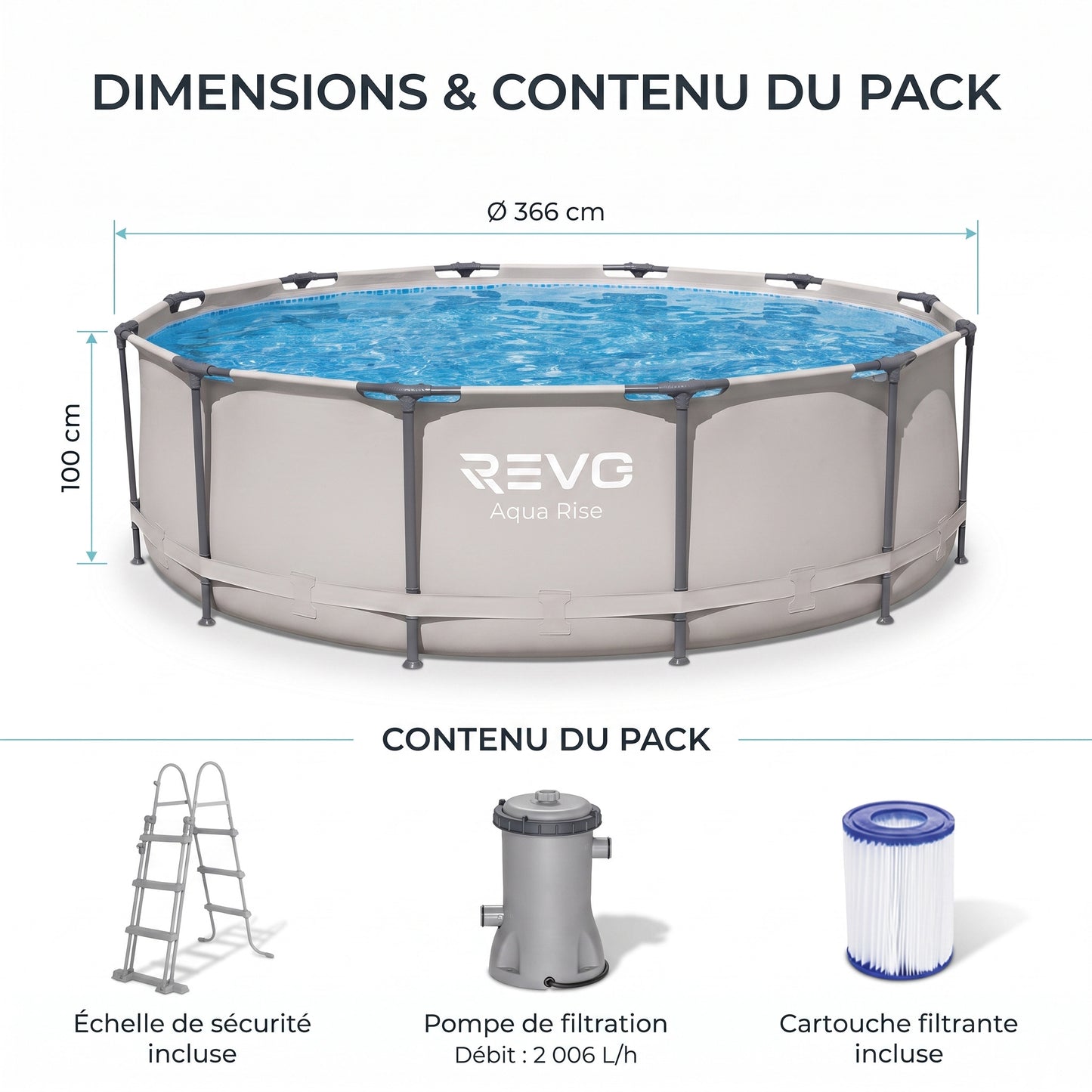 Piscine Hors-Sol Ronde REVO Aqua Rise – Ø366 × 100 cm – 9 150 L – Filtration & Échelle Incluses