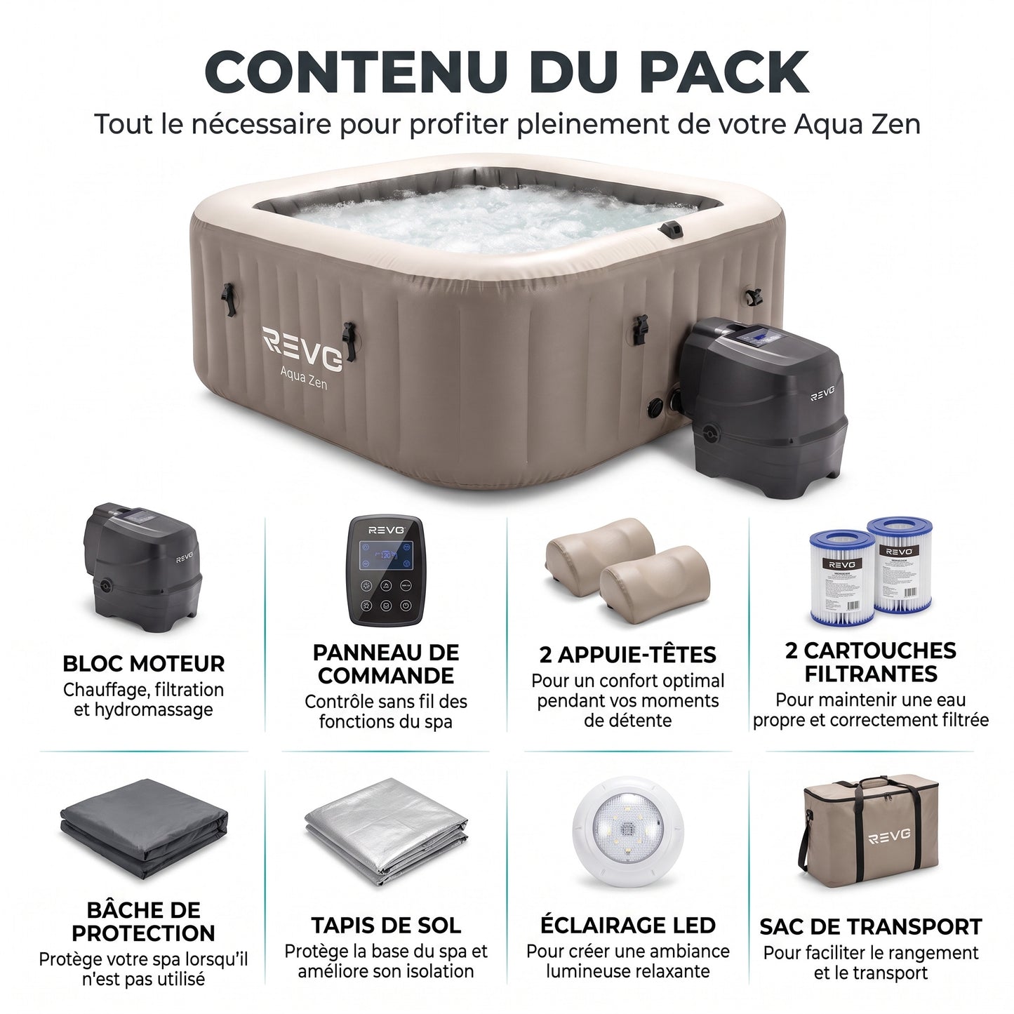 Spa Gonflable REVO Aqua Zen – 4 Places – 140 Jets – Chauffage 40°C – Wi-Fi & LED