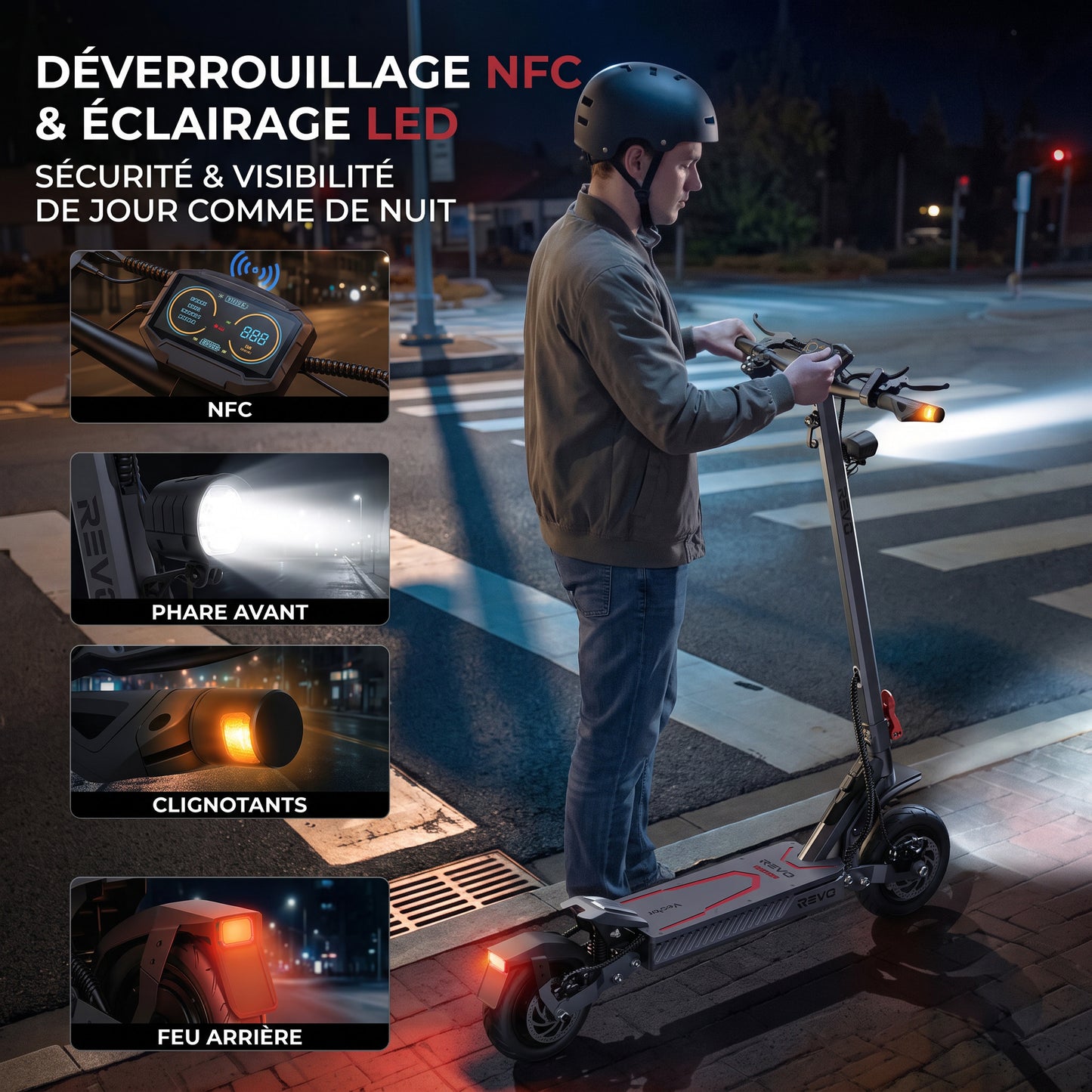 Trottinette Électrique REVO Vector – 1100 W Max. – Autonomie 70 km – Batterie 48 V 13 Ah – Pneus 10" – Suspension & NFC