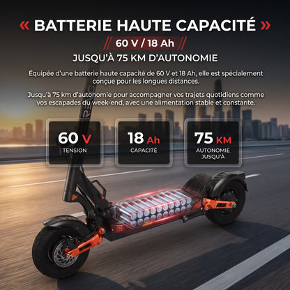 Trottinette Électrique REVO Titan X2 – Double Moteur 2 × 1 000 W – Autonomie jusqu’à 75 km – Batterie 60 V 18 Ah – Pneus Tout-Terrain 10"