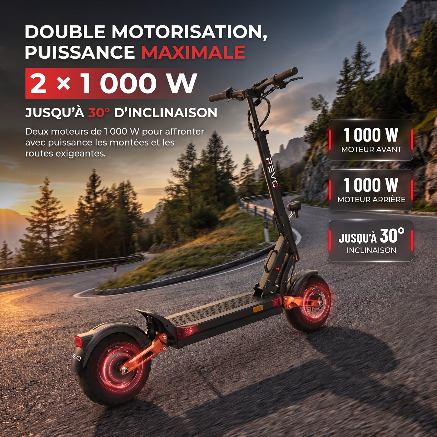Trottinette Électrique REVO Titan X2 – Double Moteur 2 × 1 000 W – Autonomie jusqu’à 75 km – Batterie 60 V 18 Ah – Pneus Tout-Terrain 10"