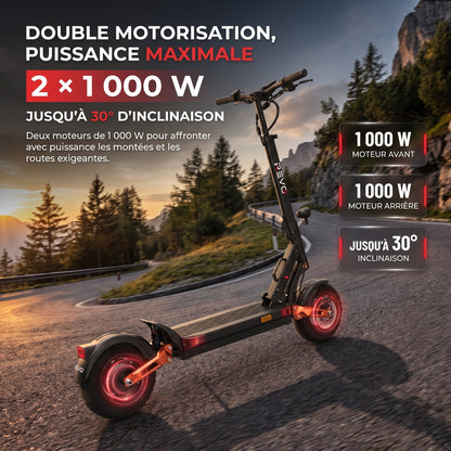 Trottinette Électrique REVO Titan X2 – Double Moteur 2 × 1 000 W – Autonomie jusqu’à 75 km – Batterie 60 V 18 Ah – Pneus Tout-Terrain 10"