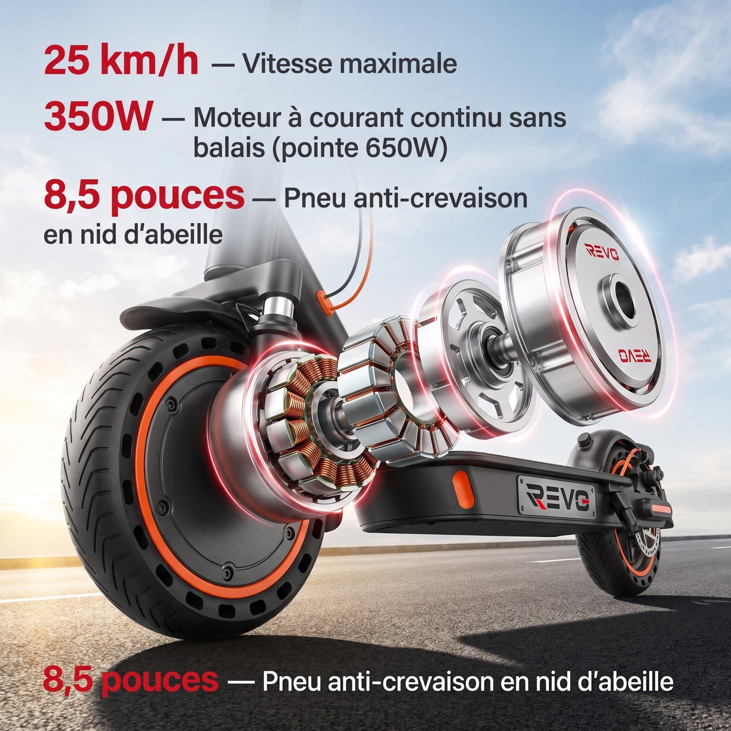 Trottinette Électrique REVO Nova – 350 W (Pointe 650 W) – Autonomie 30-35 km – Batterie 36V 7,8 Ah – Pneus 8,5" Nid d'Abeille