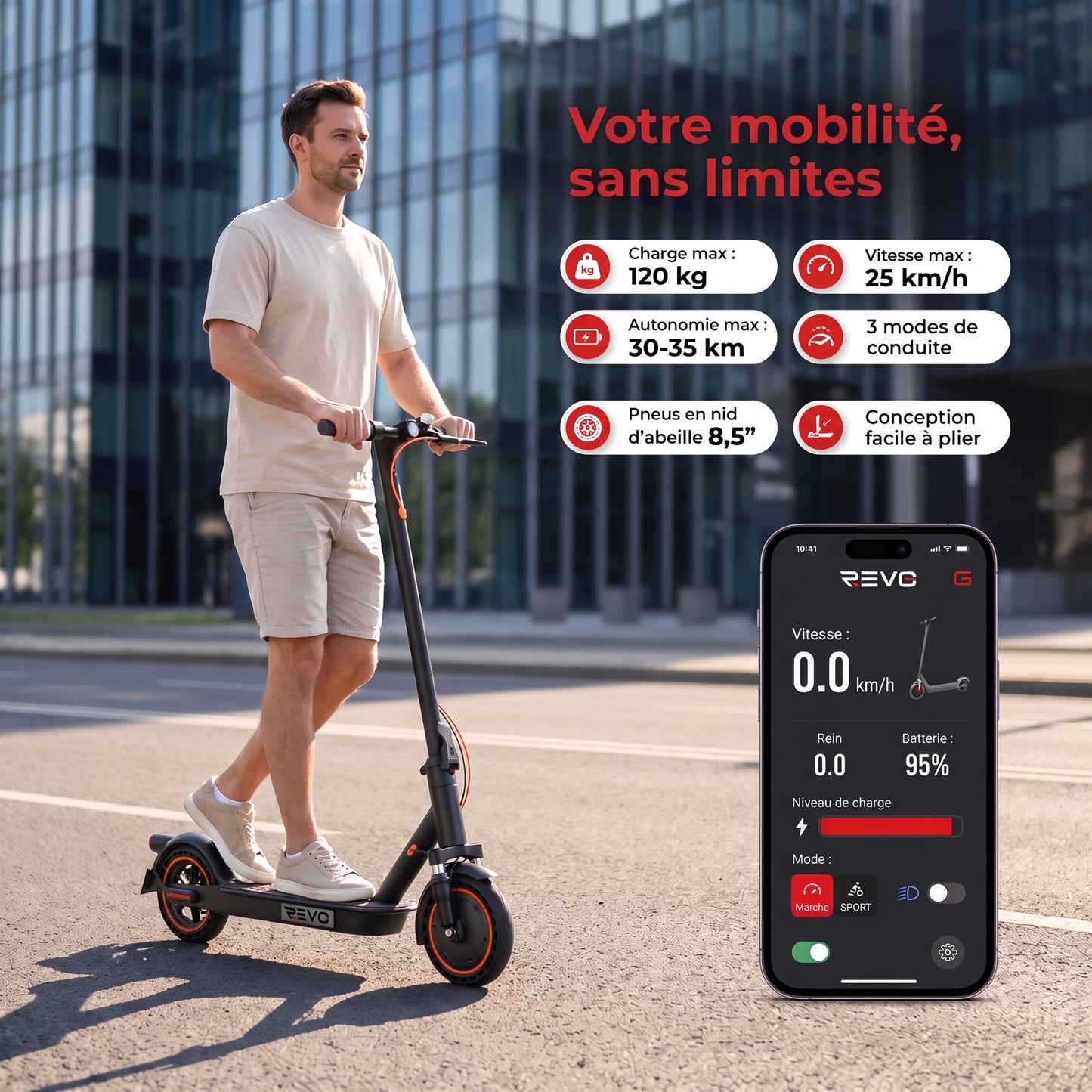 Trottinette Électrique REVO Nova – 350 W (Pointe 650 W) – Autonomie 30-35 km – Batterie 36V 7,8 Ah – Pneus 8,5" Nid d'Abeille