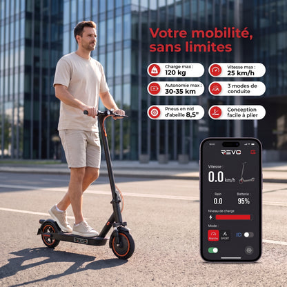 Trottinette Électrique REVO Nova – 350 W (Pointe 650 W) – Autonomie 30-35 km – Batterie 36V 7,8 Ah – Pneus 8,5" Nid d'Abeille