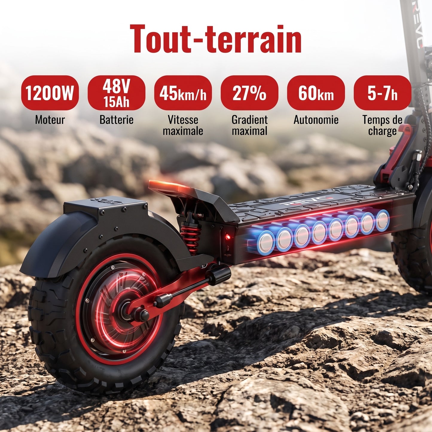 Trottinette Électrique REVO Peak – 1000 W (pointe 1200 W) – Autonomie 55 km – Batterie 48V 15Ah – Pneus 11" Tout-Terrain