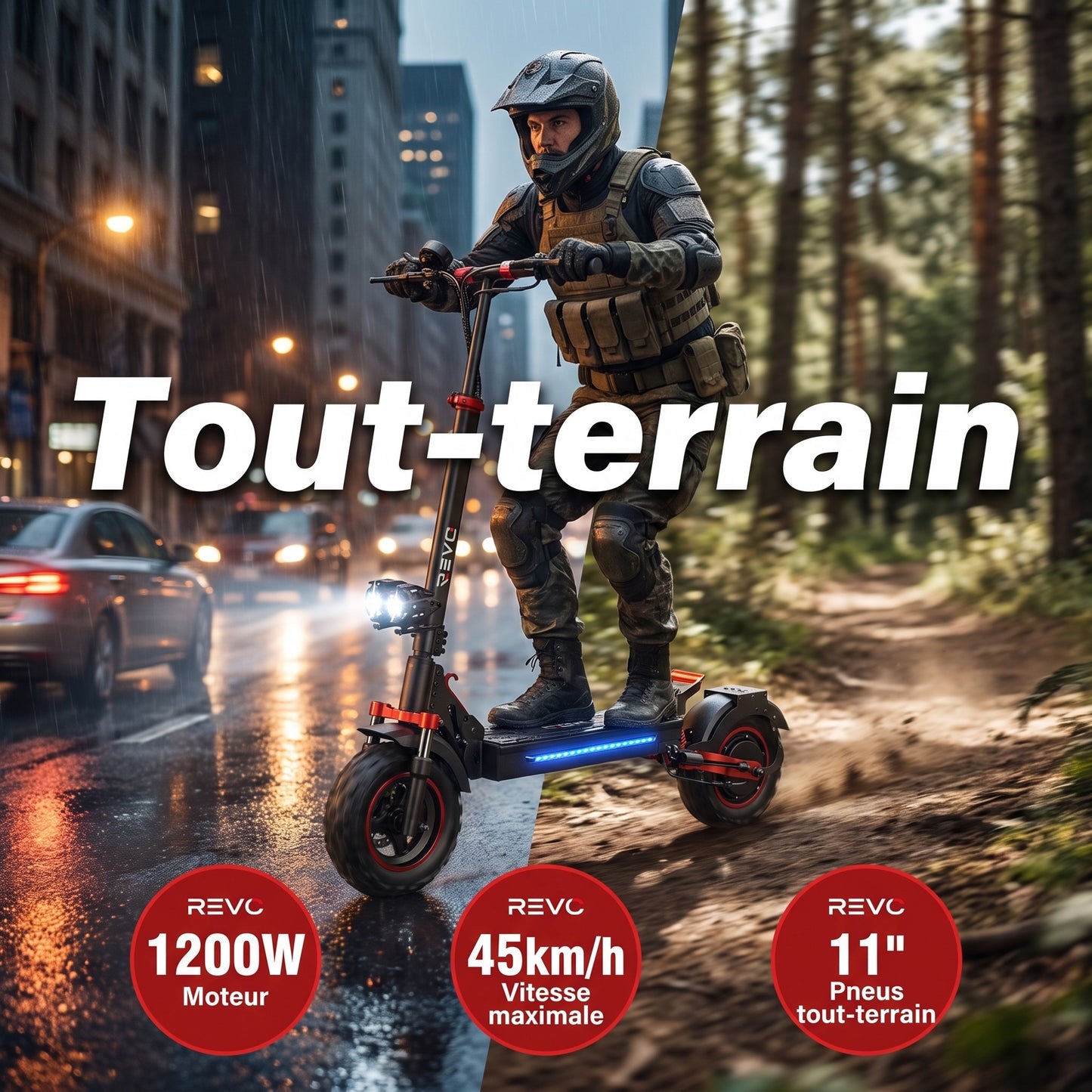 Trottinette Électrique REVO Peak – 1000 W (pointe 1200 W) – Autonomie 55 km – Batterie 48V 15Ah – Pneus 11" Tout-Terrain