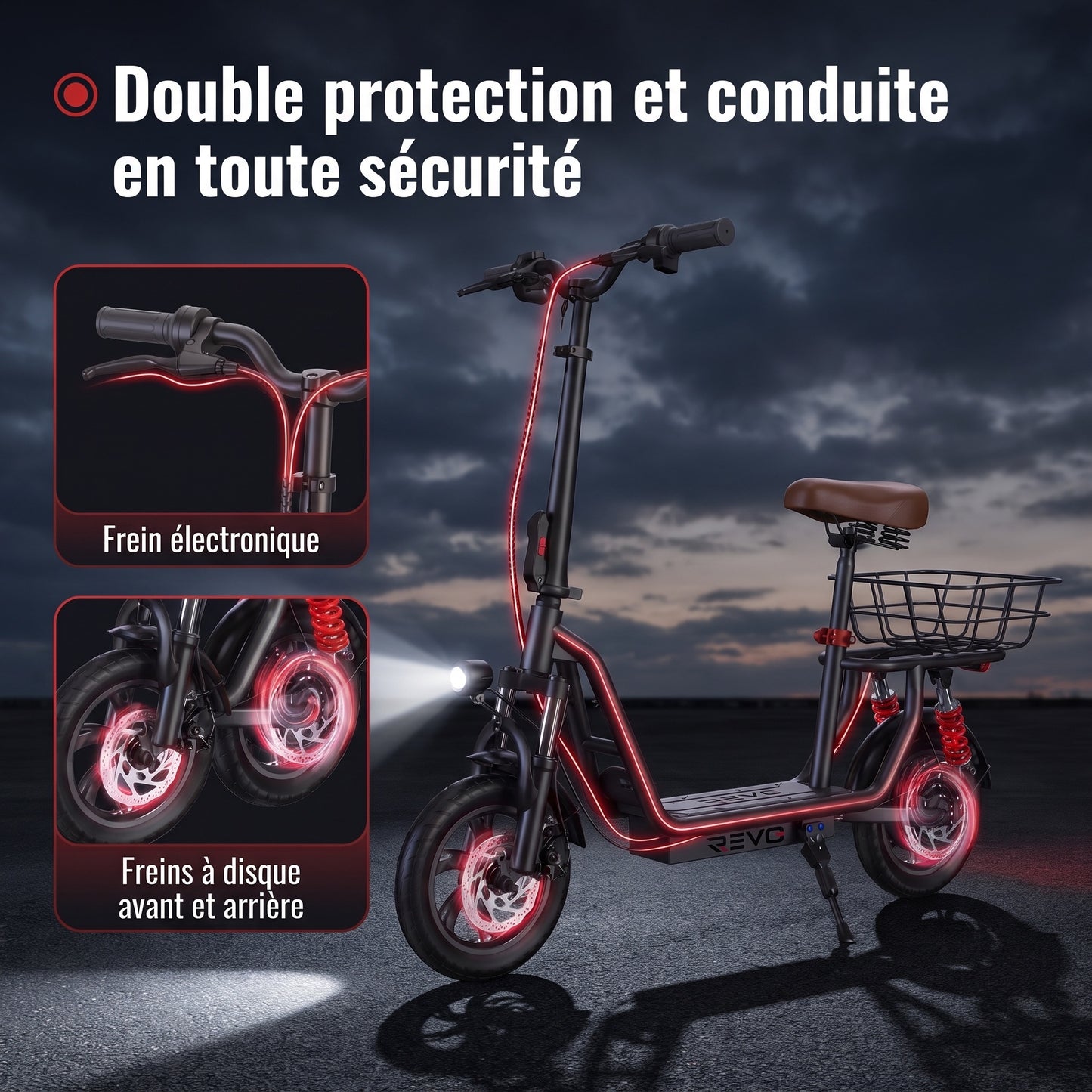 Trottinette Électrique REVO Zenith – 500 W – Autonomie 35 km – Batterie 36V 7,5Ah – Pneus 12" – Avec Siège