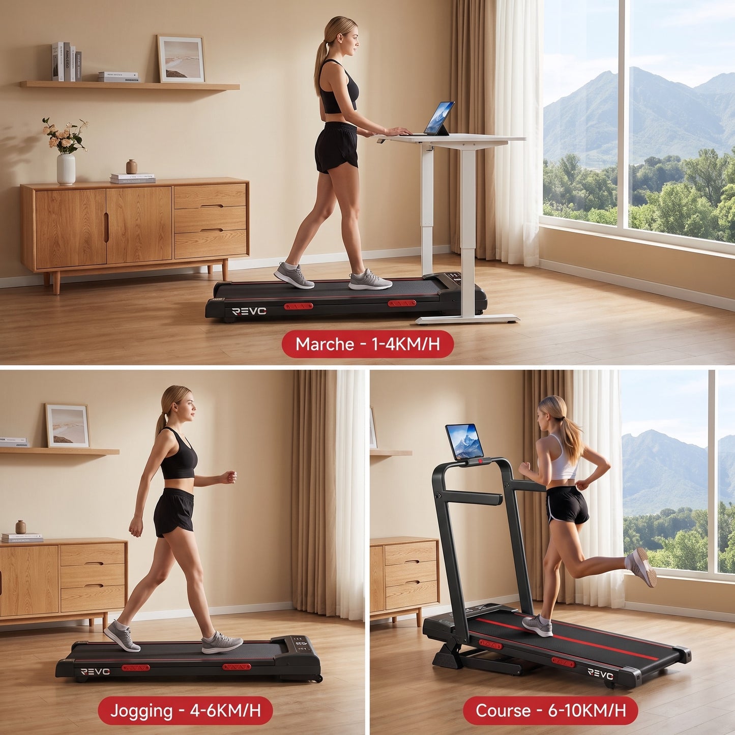 Tapis de Course Pliable REVO Vantage – Moteur 3.0HP – Inclinaison Manuelle 16% – Vitesse 1-10 km/h – Télécommande