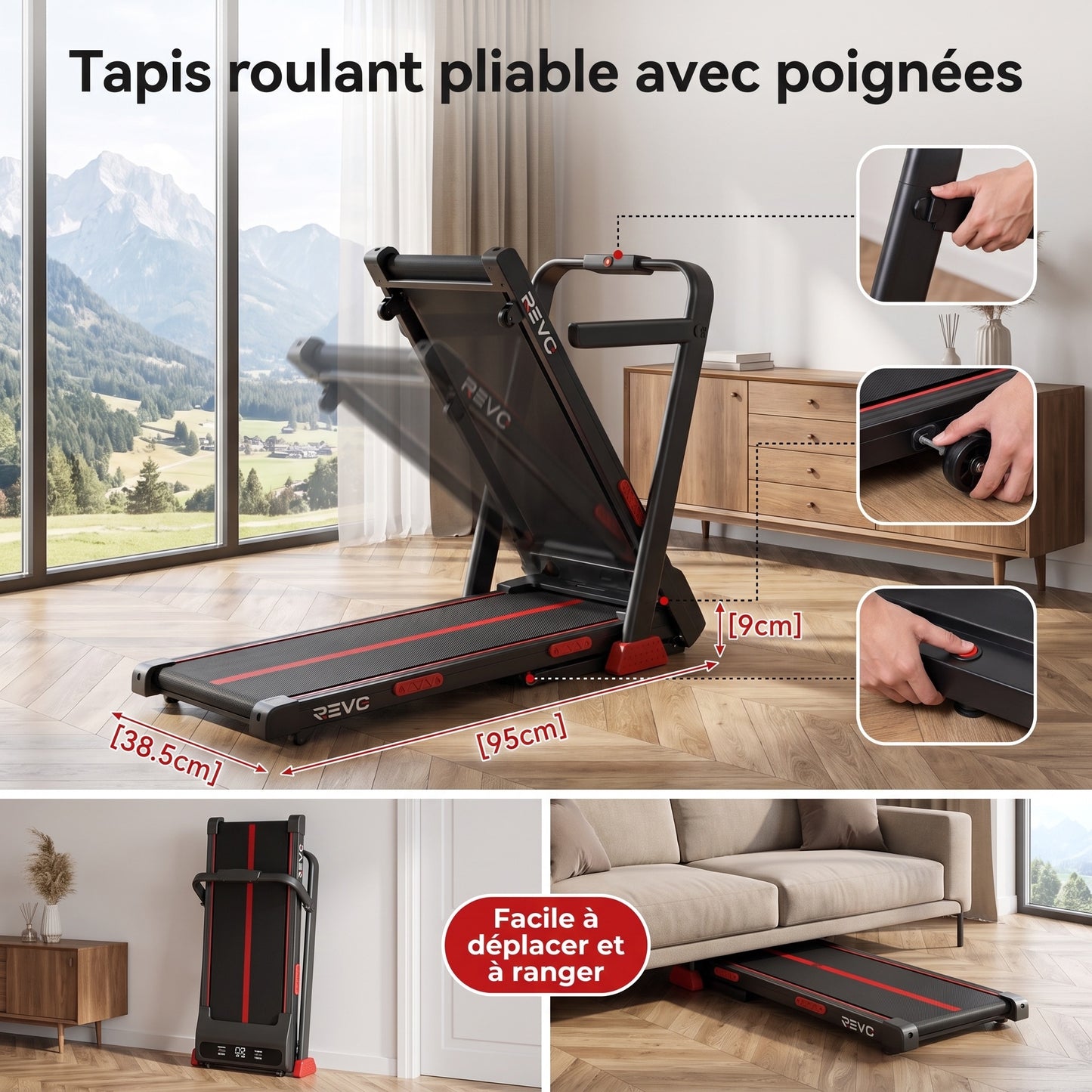Tapis de Course Pliable REVO Vantage – Moteur 3.0HP – Inclinaison Manuelle 16% – Vitesse 1-10 km/h – Télécommande