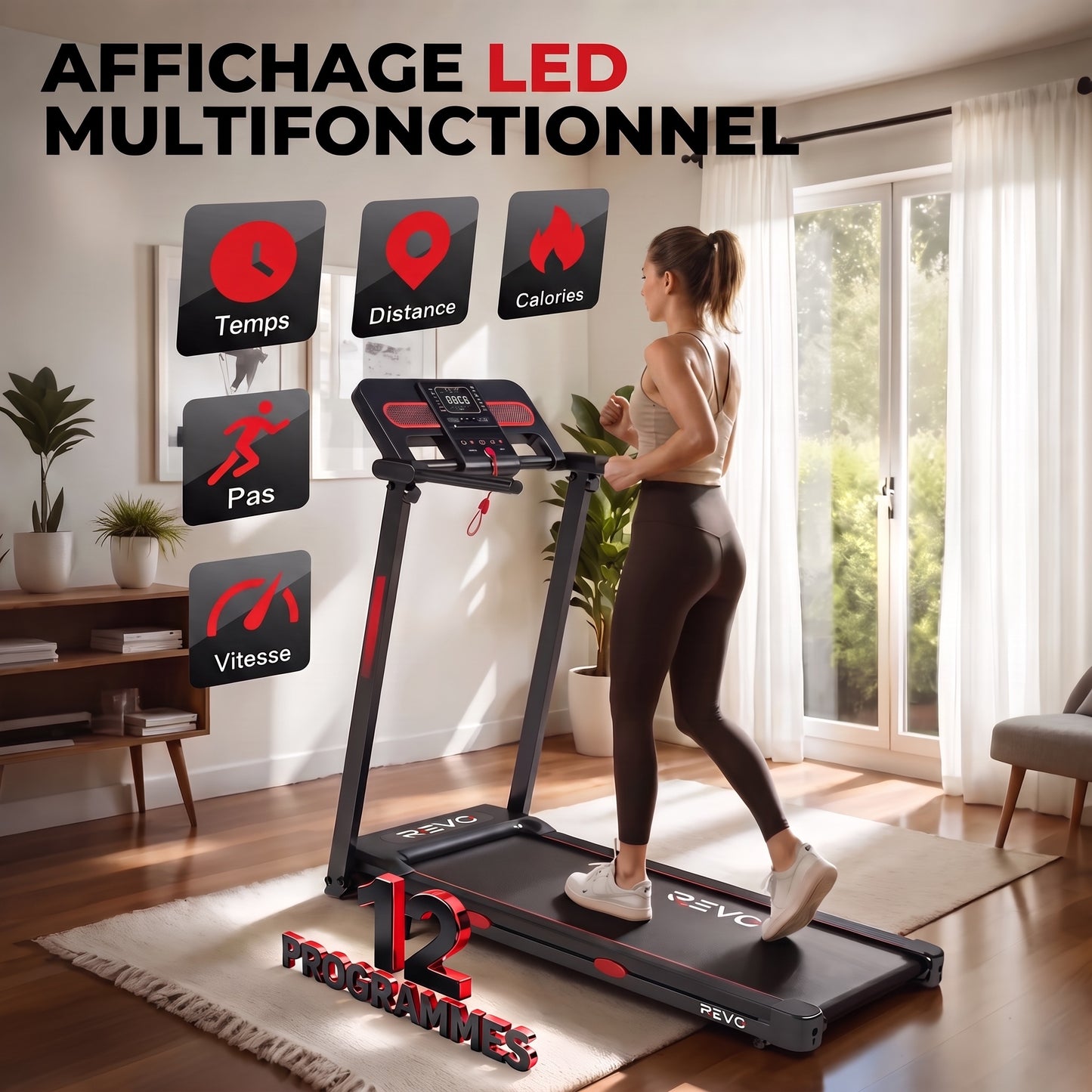 Tapis de Course Pliable REVO Vita – Moteur 3.0HP – Vitesse 1 à 14 km/h – Charge 150 kg – Bluetooth