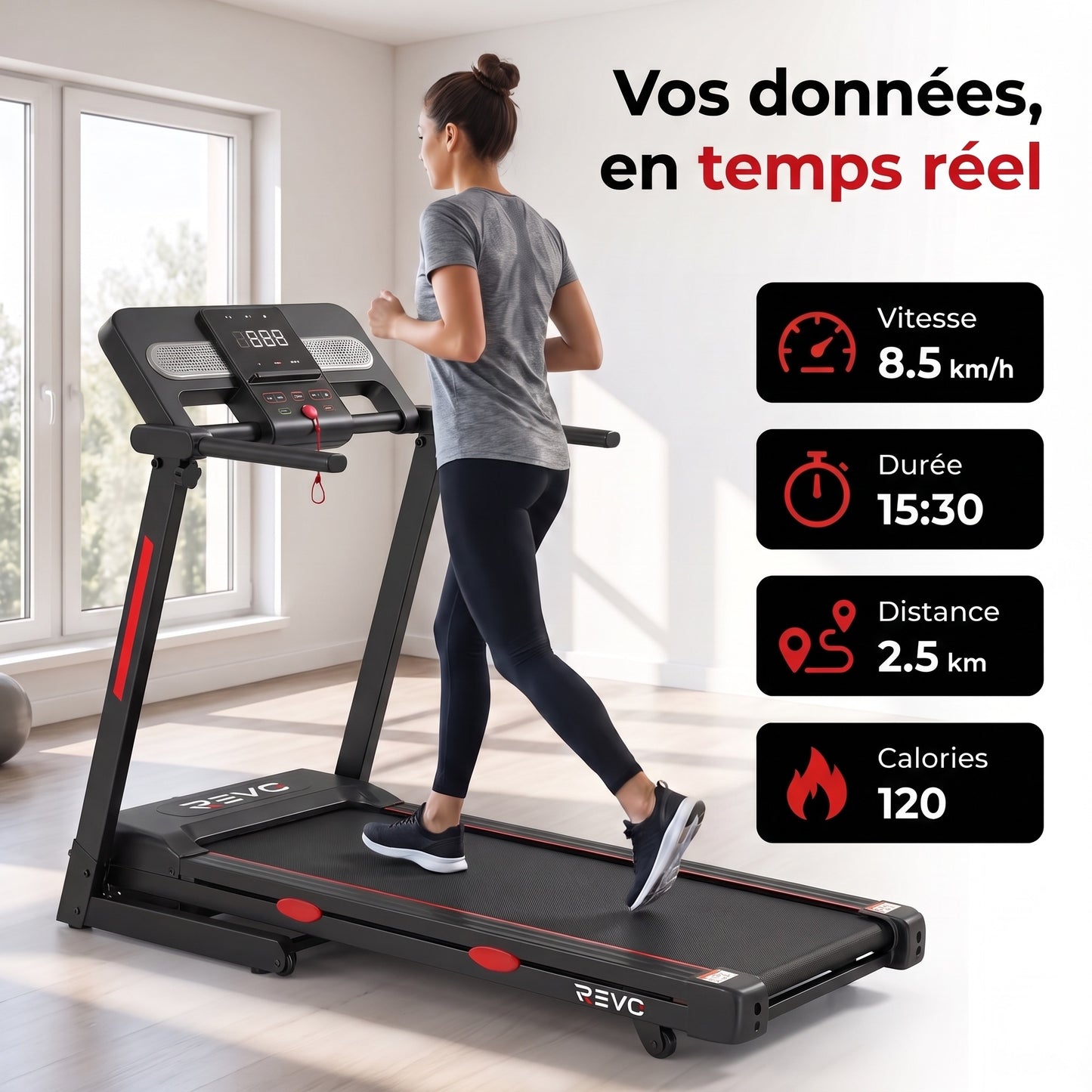 Tapis de Course Pliable REVO Vita – Moteur 3.0HP – Vitesse 1 à 14 km/h – Charge 150 kg – Bluetooth