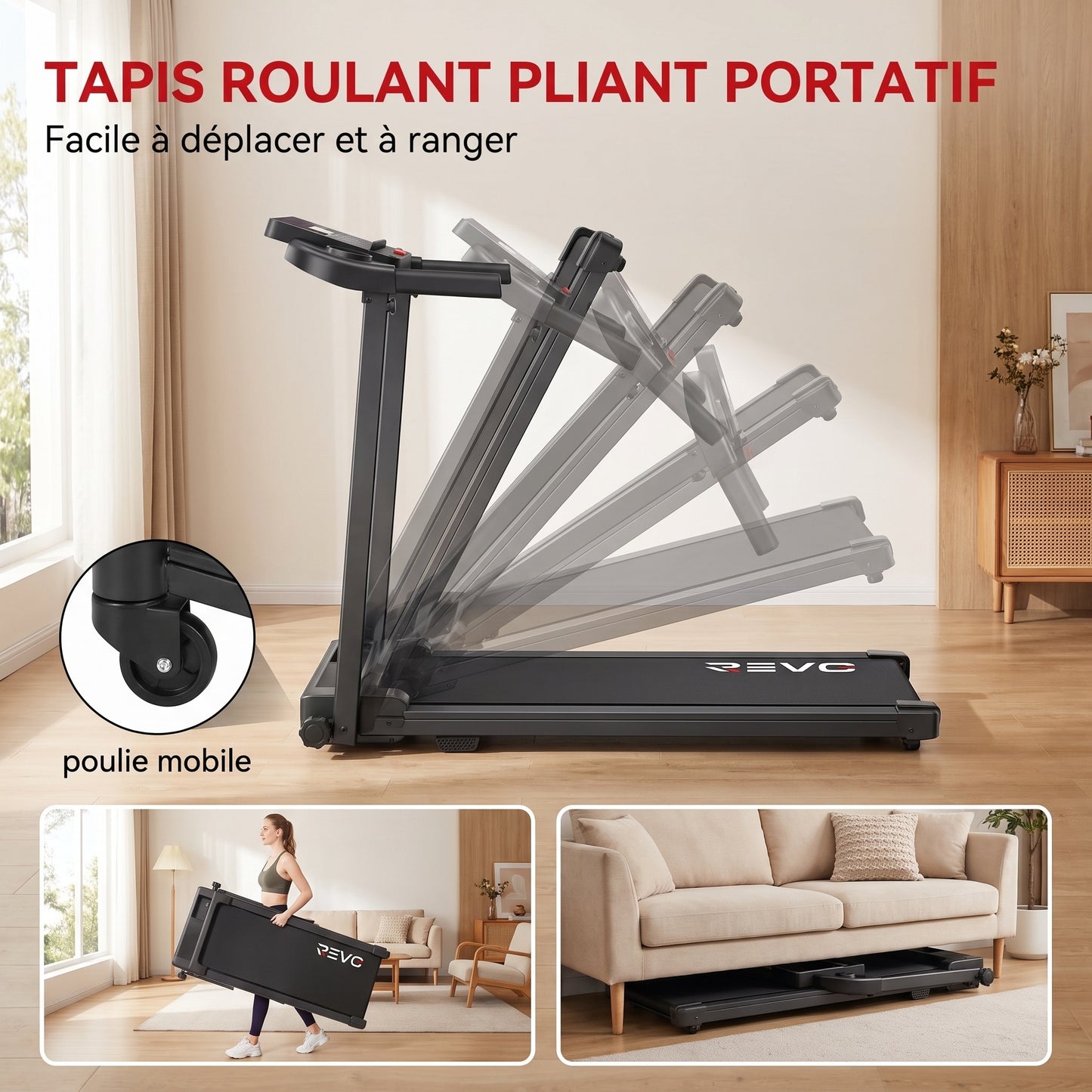 Tapis de Course Pliant REVO Pace – 10 km/h – 12 Programmes – Charge 100 kg – Écran LED