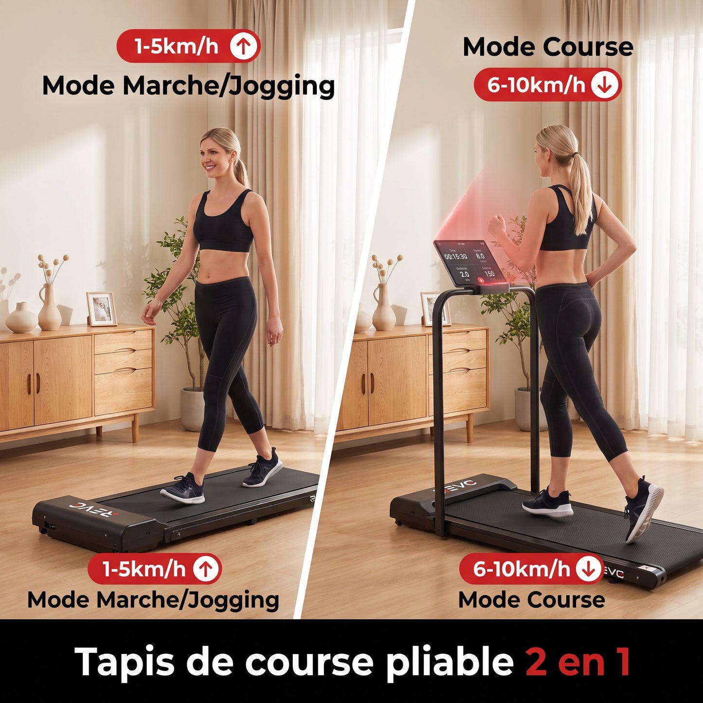 Tapis de Course Pliant REVO Flexo – 10 km/h – 2 Modes (Marche/Course) – Écran LED
