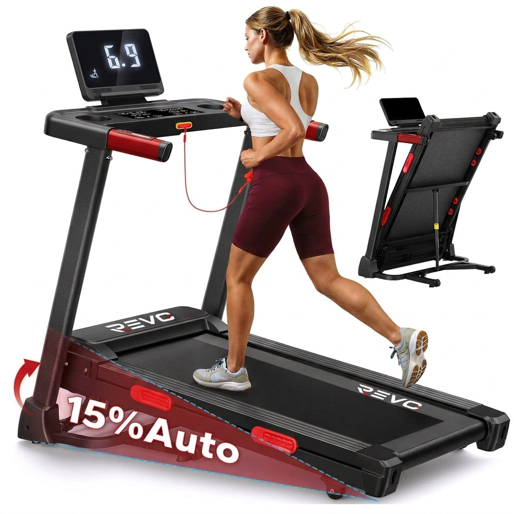 Tapis de Course REVO Elevate 15 – Inclinaison Automatique 15 % – 2,5 CV – 12 km/h – Pliable & Connecté
