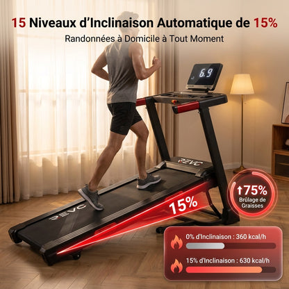 Tapis de Course REVO Elevate 15 – Inclinaison Automatique 15 % – 2,5 CV – 12 km/h – Pliable & Connecté