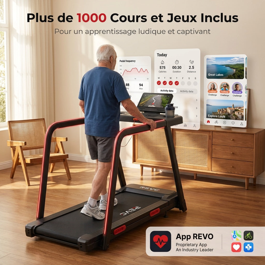REVO SafeWalk 3 – Tapis de Course Sécurisé 3,0 CV – 0,8 à 8,5 km/h – Mains Courantes & Suivi Cardiaque