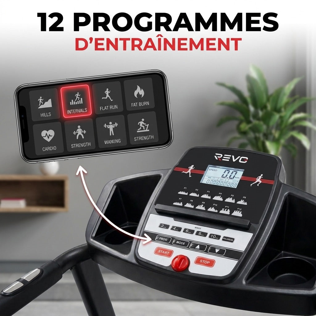 Tapis de Course Pliable REVO Motion 14 – 0,8 à 14 km/h – 12 Programmes – Surface 123 × 40 cm – Charge 120 kg