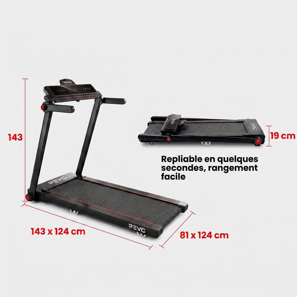 Tapis de Course Pliable REVO Tempo 16 – 1 à 16 km/h – 16 Programmes – Surface 120 × 45 cm – Pliage Ultra-Compact 19 cm