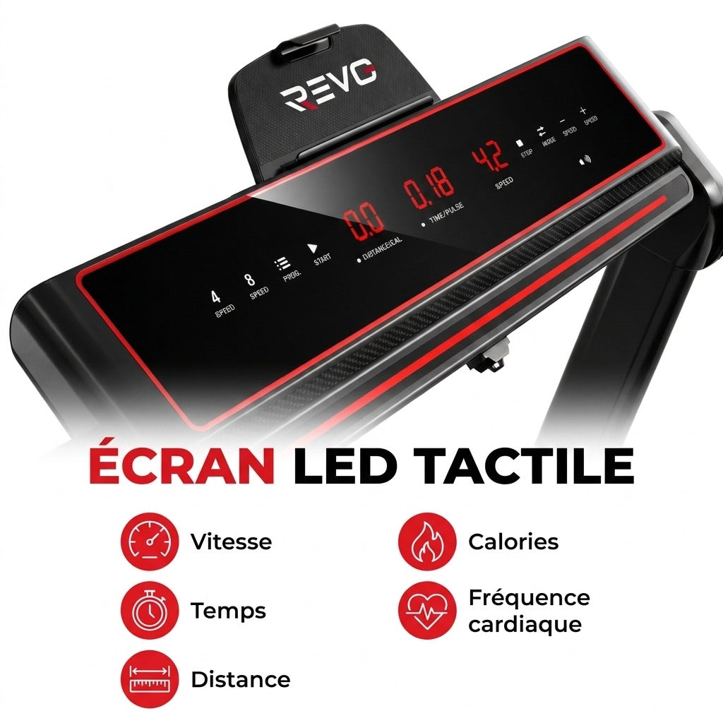 Tapis de Course Pliable REVO Tempo 16 – 1 à 16 km/h – 16 Programmes – Surface 120 × 45 cm – Pliage Ultra-Compact 19 cm