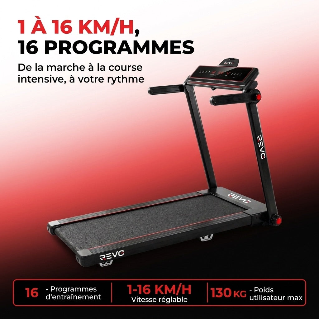 Tapis de Course Pliable REVO Tempo 16 – 1 à 16 km/h – 16 Programmes – Surface 120 × 45 cm – Pliage Ultra-Compact 19 cm