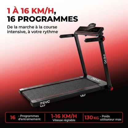 Tapis de Course Pliable REVO Tempo 16 – 1 à 16 km/h – 16 Programmes – Surface 120 × 45 cm – Pliage Ultra-Compact 19 cm