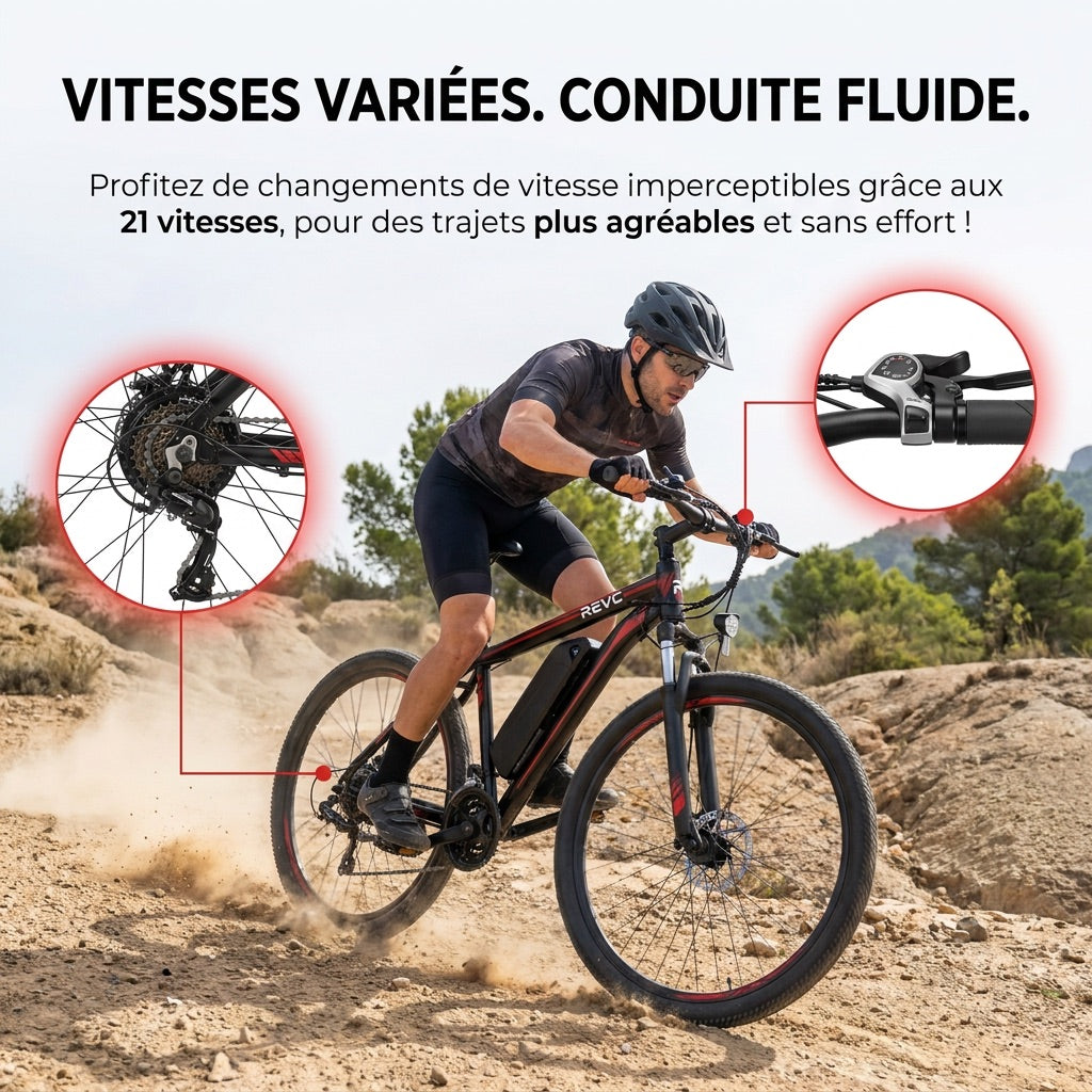 Vélo Électrique VTT REVO Ridge 65 – 250 W – Autonomie jusqu’à 65 km – Batterie Amovible 13 Ah – 21 Vitesses – Pneus 26"**