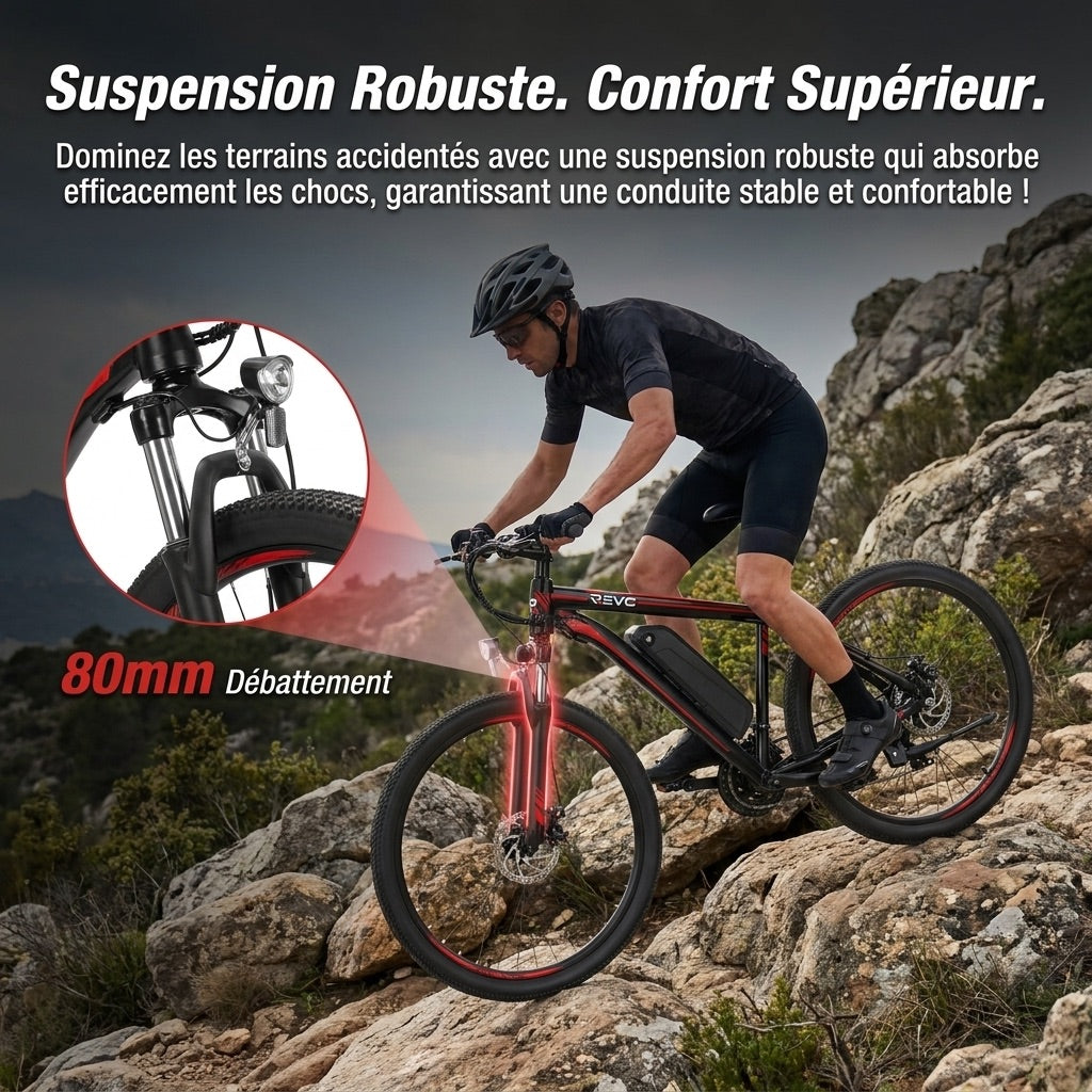 Vélo Électrique VTT REVO Ridge 65 – 250 W – Autonomie jusqu’à 65 km – Batterie Amovible 13 Ah – 21 Vitesses – Pneus 26"**