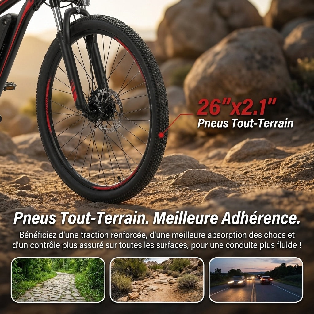 Vélo Électrique VTT REVO Ridge 65 – 250 W – Autonomie jusqu’à 65 km – Batterie Amovible 13 Ah – 21 Vitesses – Pneus 26"**