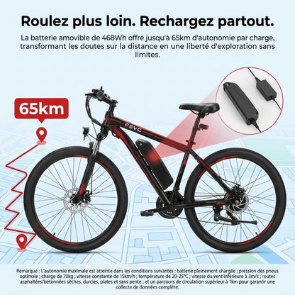 Vélo Électrique VTT REVO Ridge 65 – 250 W – Autonomie jusqu’à 65 km – Batterie Amovible 13 Ah – 21 Vitesses – Pneus 26"**
