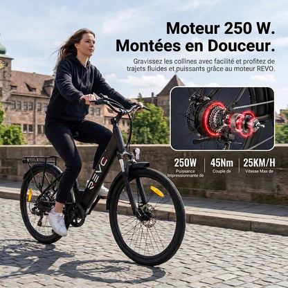 Vélo Électrique REVO Venture – 250 W – Autonomie jusqu’à 100 km – Batterie 561,6 Wh – Roues 27,5" – Freins Hydrauliques
