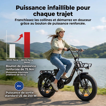Vélo Électrique Fat Bike REVO Terra Boost – 250 W – Autonomie jusqu’à 126 km – Batterie 48 V 13 Ah – Couple 75 Nm – Pneus 20" x 4"