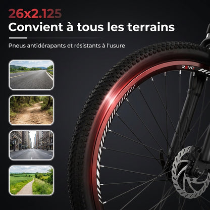 Vélo Électrique VTT REVO Trail – 250 W – Autonomie 35 à 90 km – Batterie 36 V 10,4 Ah – Pneus 26" – 7 Vitesses