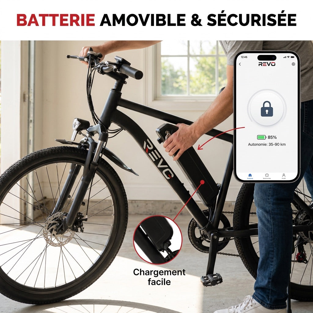 Vélo Électrique VTT REVO Trail – 250 W – Autonomie 35 à 90 km – Batterie 36 V 10,4 Ah – Pneus 26" – 7 Vitesses
