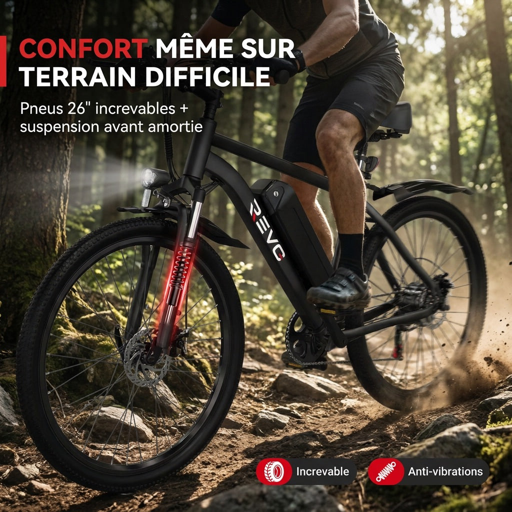 Vélo Électrique VTT REVO Trail – 250 W – Autonomie 35 à 90 km – Batterie 36 V 10,4 Ah – Pneus 26" – 7 Vitesses