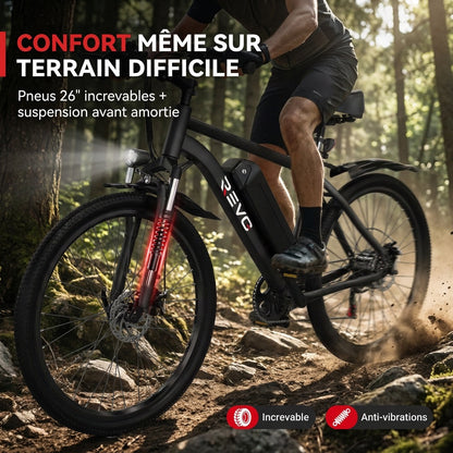 Vélo Électrique VTT REVO Trail – 250 W – Autonomie 35 à 90 km – Batterie 36 V 10,4 Ah – Pneus 26" – 7 Vitesses