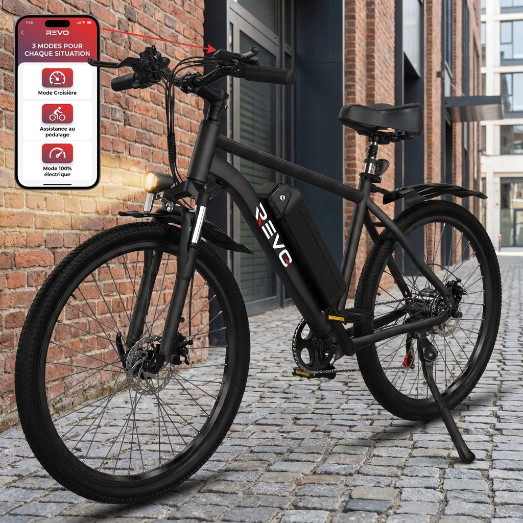 Vélo Électrique VTT REVO Trail – 250 W – Autonomie 35 à 90 km – Batterie 36 V 10,4 Ah – Pneus 26" – 7 Vitesses