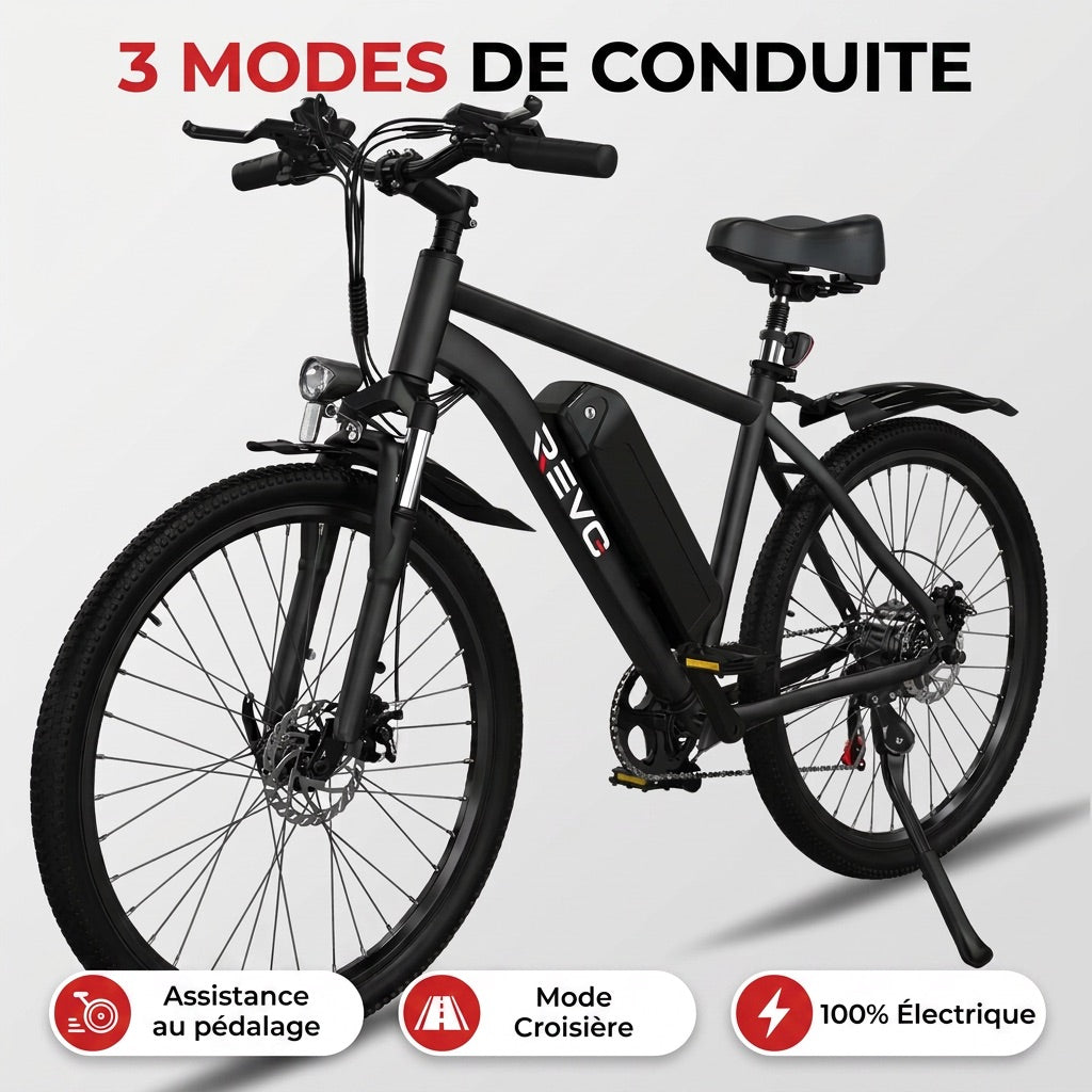 Vélo Électrique VTT REVO Trail – 250 W – Autonomie 35 à 90 km – Batterie 36 V 10,4 Ah – Pneus 26" – 7 Vitesses